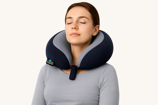 Woman resting comfortably wearing the memory foam travel neck band